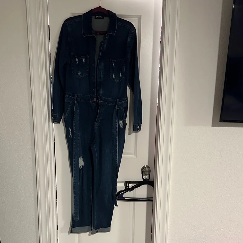 Stretchy Brand New Blue Denim Jumpsuit - Picture 2 of 6